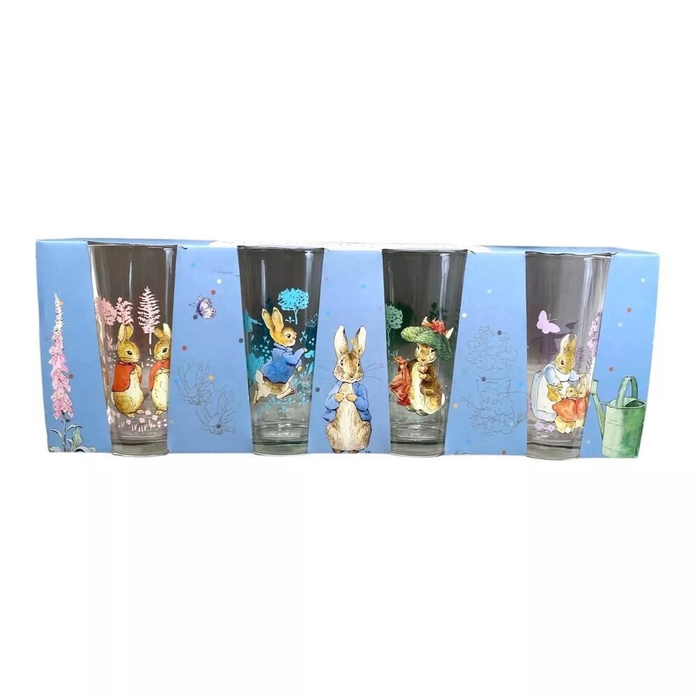 Beatrix Potter Peter Rabbit Glass Tumblers 16oz Set of 4 Spring Floral NEW